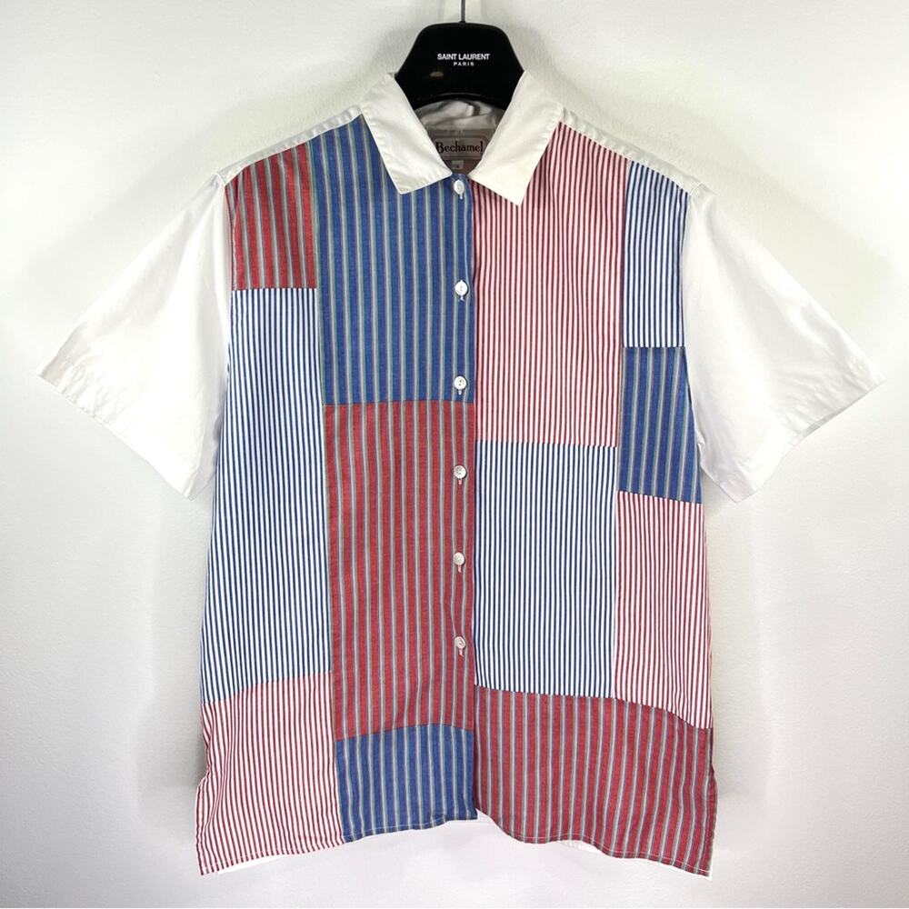 Bechamel Womens‎ Button Up Size S Vintage Short Sleeve Patchwork Red Blue White